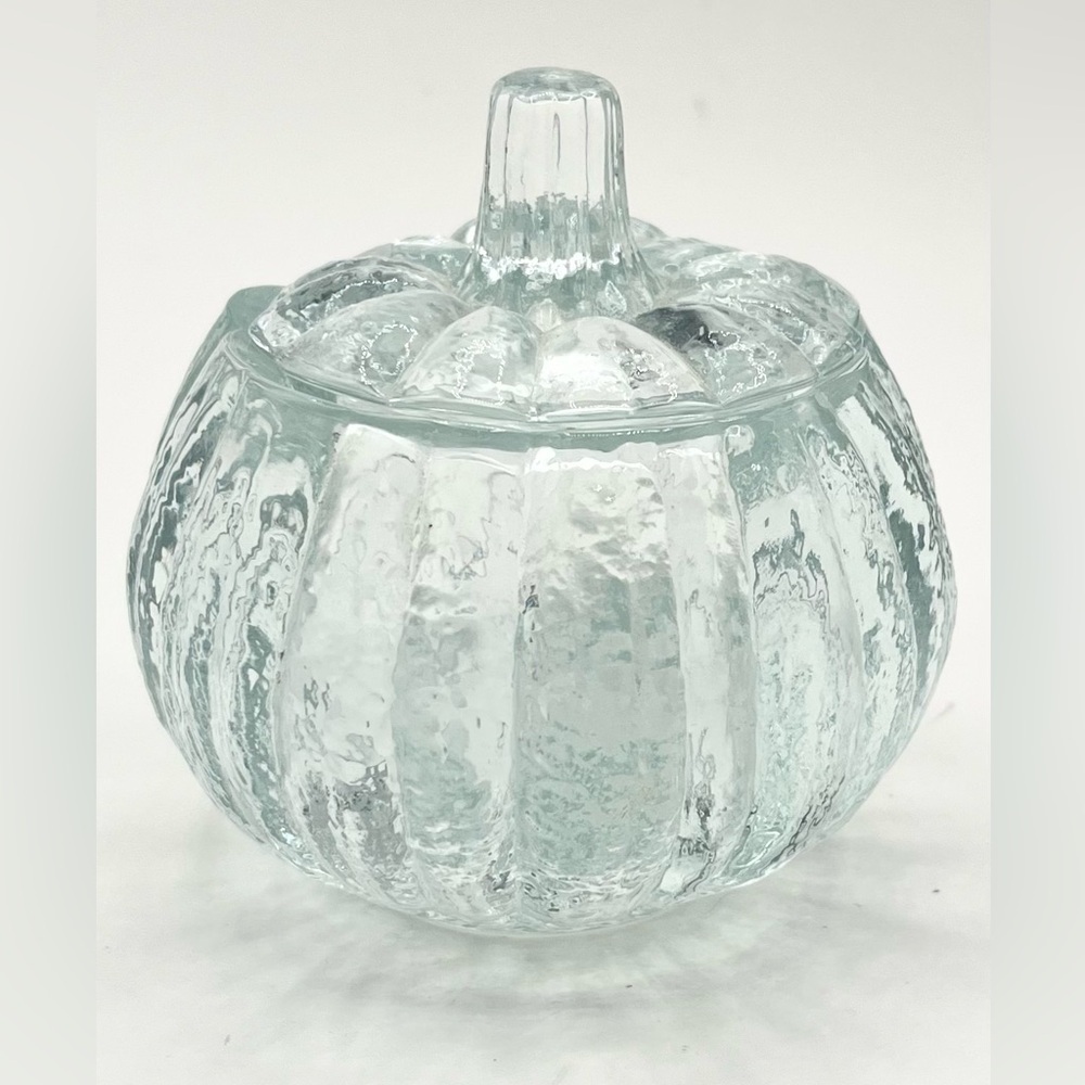 HOMCO Clear Crystal Glass Pumpkin Votive Jar W/ Lid & Candle Holder 3.5” EUC